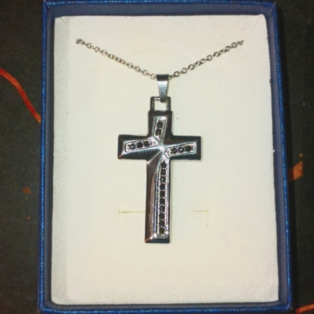 Black Onyx Cross Pendant Necklace Silver